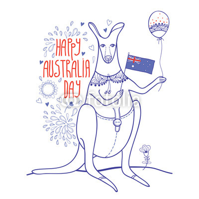400x400 vector outline kangaroo with australian flag and balloon in blue - Australian Flag Drawing