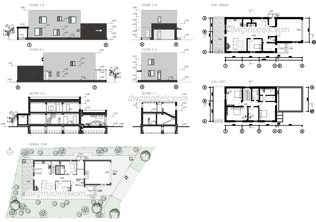 1080x760 modern house autocad plans, drawings free download - Autocad House Drawing