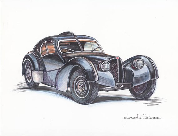 570x438 Classic Car Drawing Bugatti Limited Edition Print Illustration Etsy - Automobile Drawing