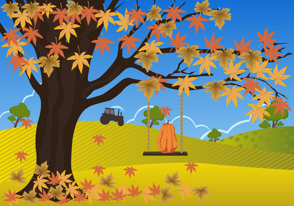 600x422 autumn drawing design with falling leaves on field free vector - Autumn Drawing