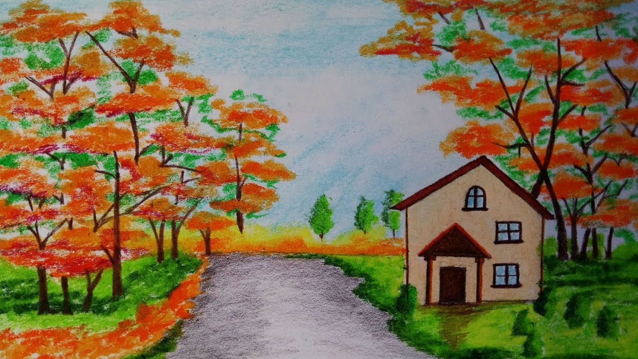 1280x720 how to draw autumn season scenery step - Autumn Drawing