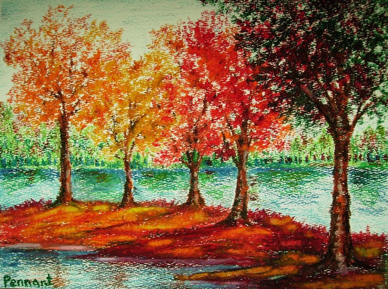 794x592 autumn landscape small drawing original oil pastel art wall etsy - Autumn Drawing