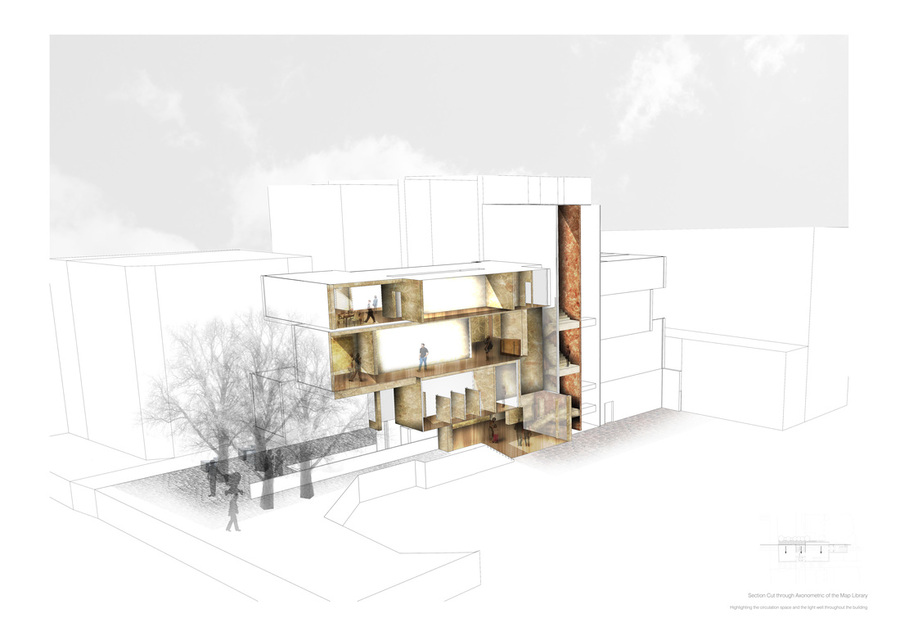 900x636 axonometric drawing of the map library - Axonometric Drawing