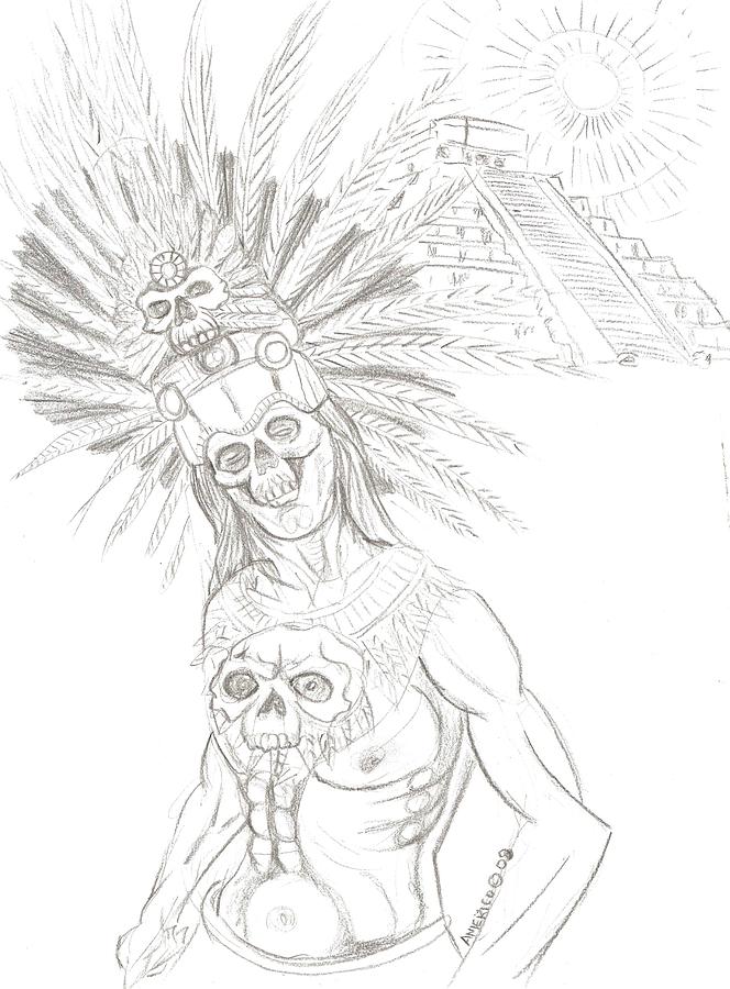 664x900 aztec warrior in front of chicchen itza drawing - Aztec Drawings