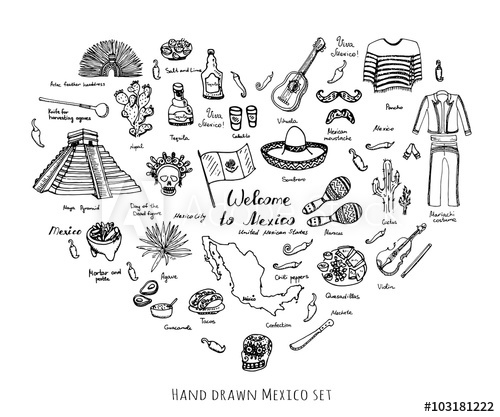 500x417 Hand Drawn Doodle Mexico Set Vector Illustration Sketchy Mexican - Aztec Pyramid Drawing