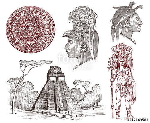 500x412 Maya Vintage Pyramid, Portrait Of A Man, Traditional Costume - Aztec Pyramid Drawing