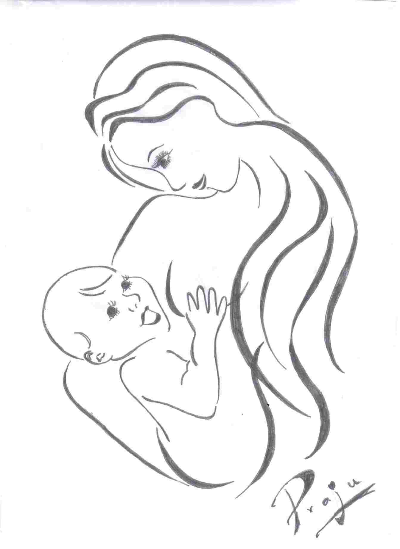 1343x1846 Black White Drawings Rhcom Mother Drawing Picture - Baby And Mother Drawing