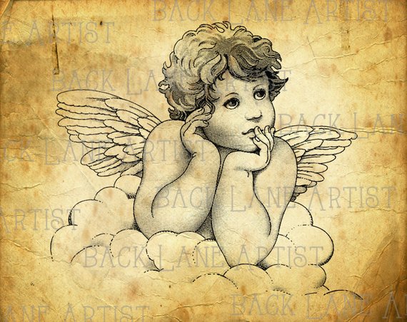 570x452 Vintage Baby Angel Clipart Lineart Illustration Instant Etsy - Baby Angel Drawing