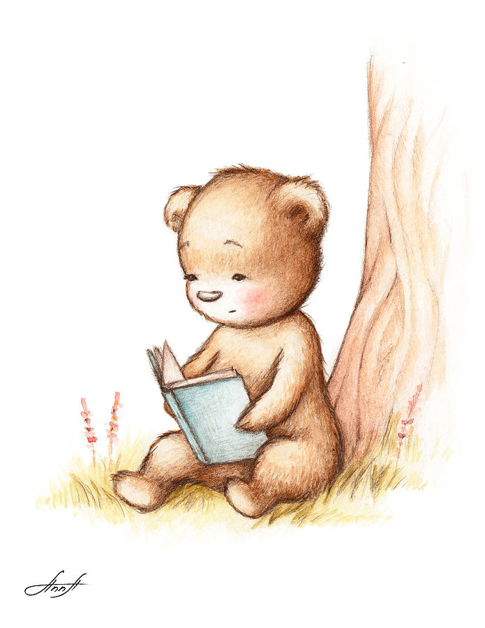 695x900 Drawing Of Teddy Bear Reading A Book Under Tree Painting - Baby Bear Drawing