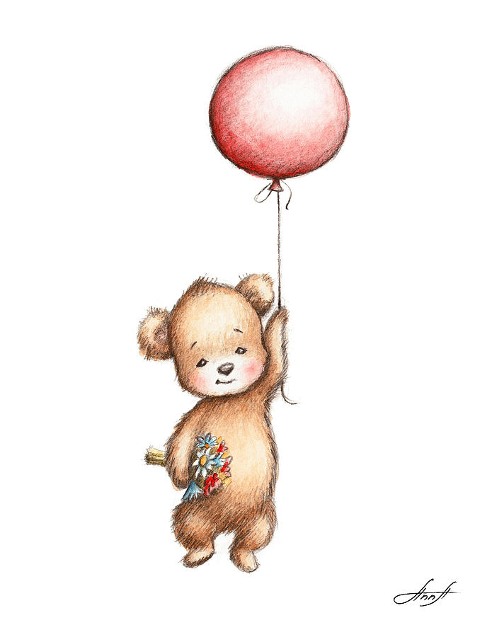 695x900 The Drawing Of Teddy Bear With Red Balloon And Flowers Painting - Baby Bear Drawing
