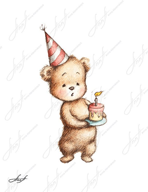 570x738 The Drawing Of Teddy Bear With Birthday Cake Printable Art Etsy - Baby Bear Drawing