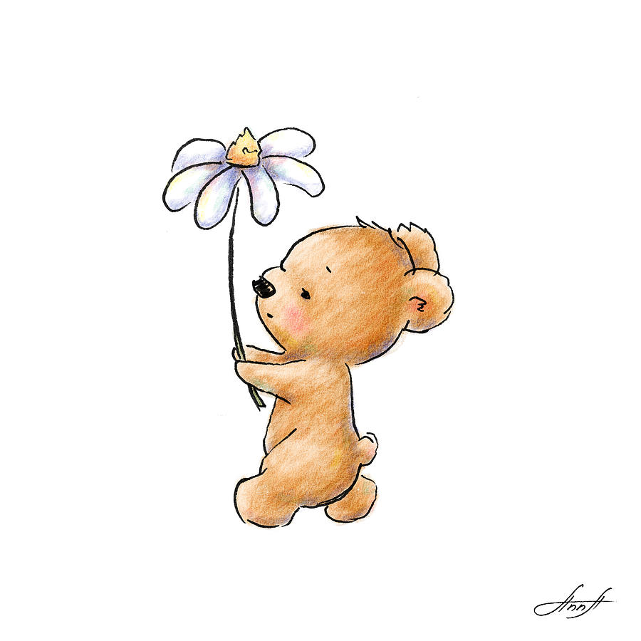 900x900 Baby Bear With Flower Digital Art - Baby Bear Drawing