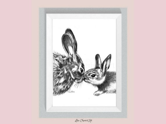 570x428 mother and baby bunny print bunny drawing mom baby bunny etsy - Baby Bunny Drawing