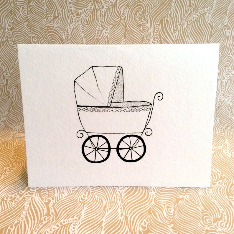 794x794 old fashioned baby carriage baby card original hand drawn etsy - Baby Carriage Drawing