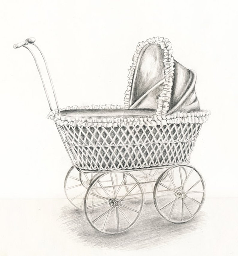 794x852 pencil drawing antique doll stroller art print baby carriage etsy - Baby Carriage Drawing