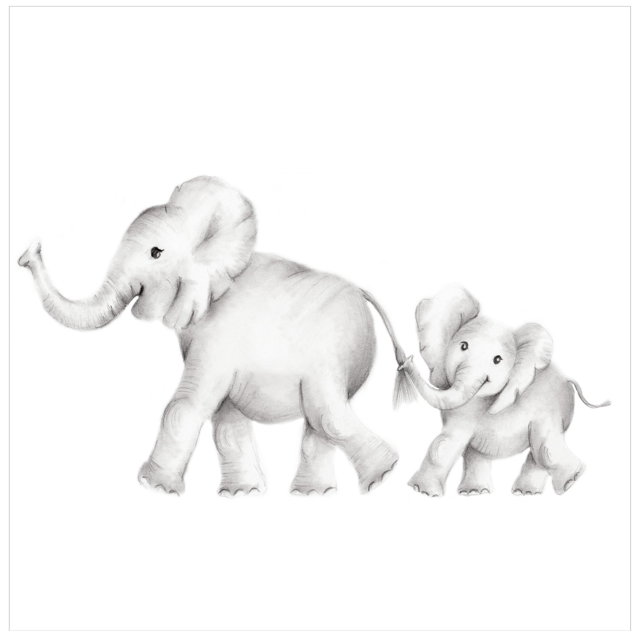 2048x2048 Elephant Family Pencil Drawing Print - Baby Elephant Drawing
