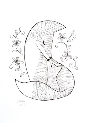 284x400 Mika Art Blog Fox Mom And Baby Ink Drawing Black And White - Baby Fox Drawing