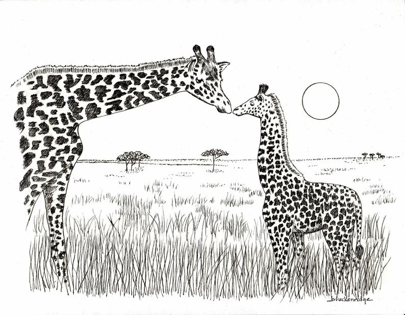794x618 Mother And Baby Giraffe Drawing Print Etsy - Baby Giraffe Drawing