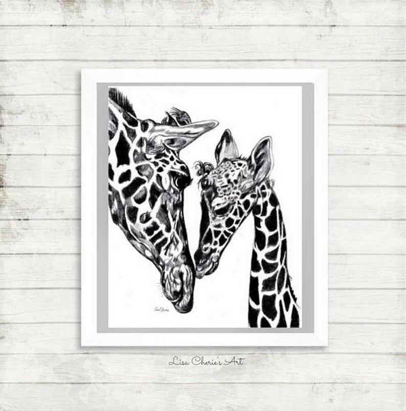 794x804 mother and baby giraffe print giraffe drawing mom baby etsy - Baby Giraffe Drawing