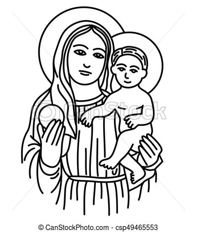 399x470 blessed virgin mary with baby jesus, art line sketch or drawing - Baby Jesus Drawing