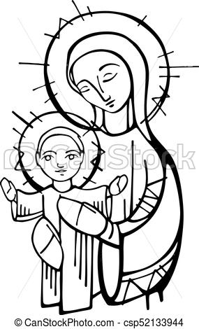 285x470 virgin mary and baby jesus christ ink illustration hand drawn - Baby Jesus Drawing