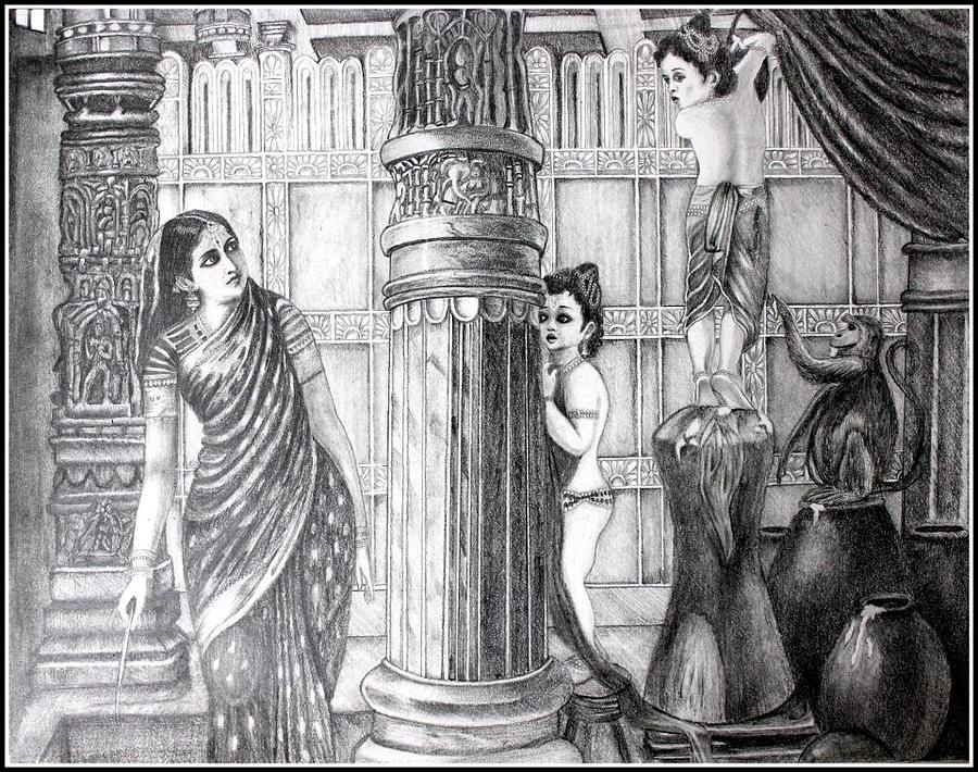 900x710 Lord Baby Krishna With Mother Yashoda Drawing - Baby Krishna Drawing