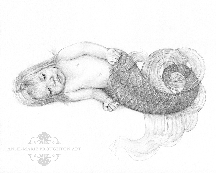 900x720 Custom Baby Mermaid Portrait Drawing Anne Marie Broughton - Baby Mermaid Drawing