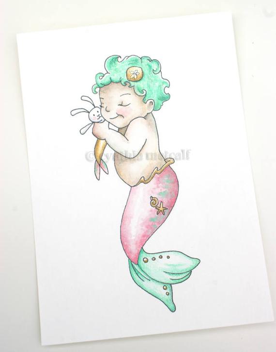 570x725 mermaid baby artwork original mermaid drawing baby mermaid etsy - Baby Mermaid Drawing