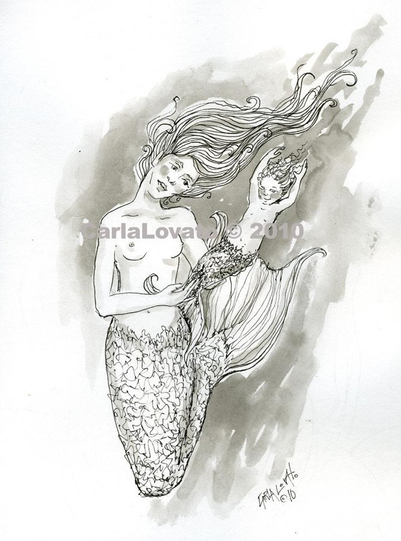 794x1072 Mermaid Drawing Pen And Ink Drawing Original Drawing Etsy - Baby Mermaid Drawing