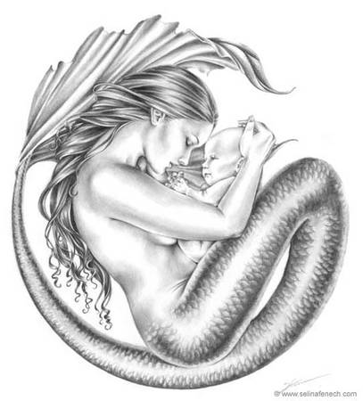 407x450 New Grey Ink Mermaid With Baby Tattoo Stencil - Baby Mermaid Drawing
