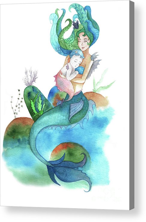 487x740 Watercolor Mermaid Holding A Baby Mermaid Acrylic Print - Baby Mermaid Drawing