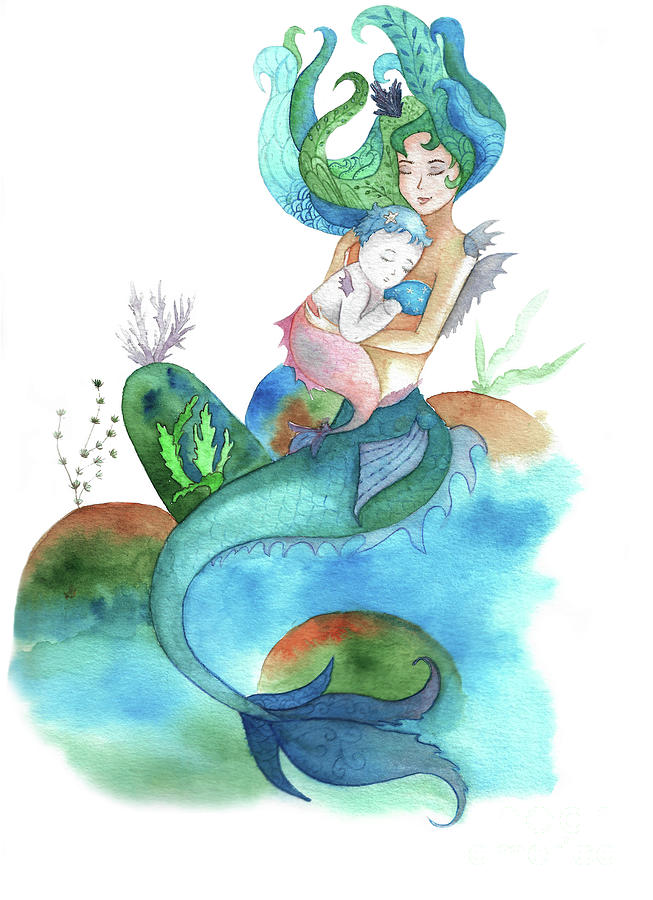 653x900 Watercolor Mermaid Holding A Baby Mermaid Drawing - Baby Mermaid Drawing