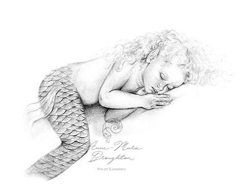 794x618 Inch Print Baby Mermaid Art Sleeping Girl Toddler Etsy - Baby Mermaid Drawing