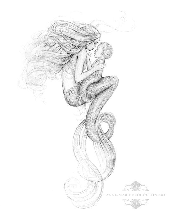 570x702 inch print mother mermaid and mer baby art graphite pencil - Baby Mermaid Drawing