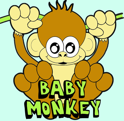 400x392 How To Draw A Cartoon Baby Monkey Hanging From A Vine - Baby Monkey Drawing