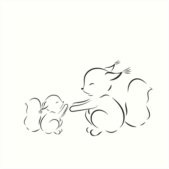550x550 Outline Drawing Squirrels Mom And Baby Art Prints - Baby Outline Drawing
