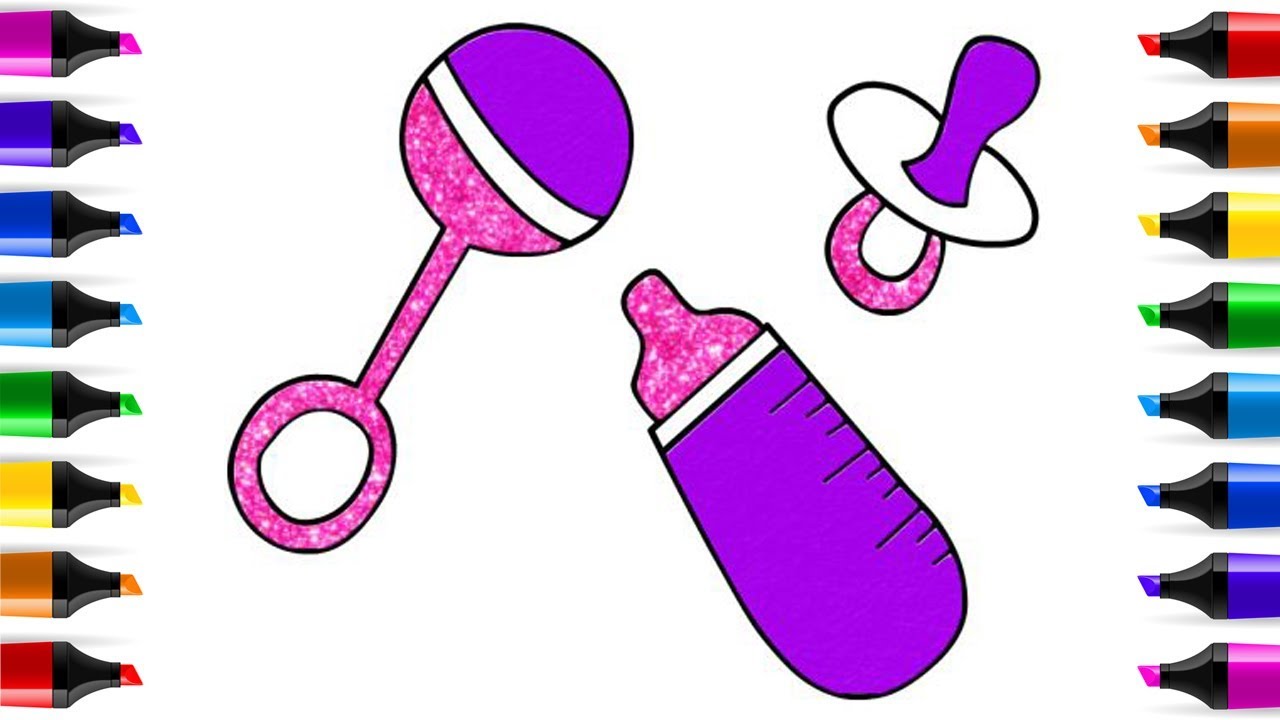 1280x720 glitter coloring draw baby bottle rattle pacifier drawing colors - Baby Pacifier Drawing