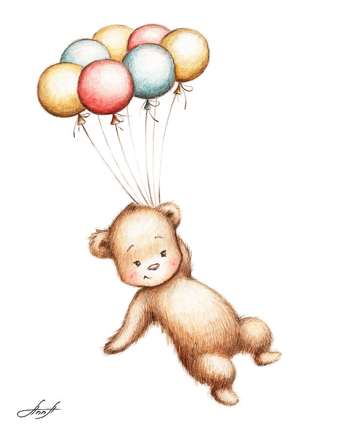 695x900 Drawing Of Teddy Bear Flying With Balloons Painting - Baby Room Drawing