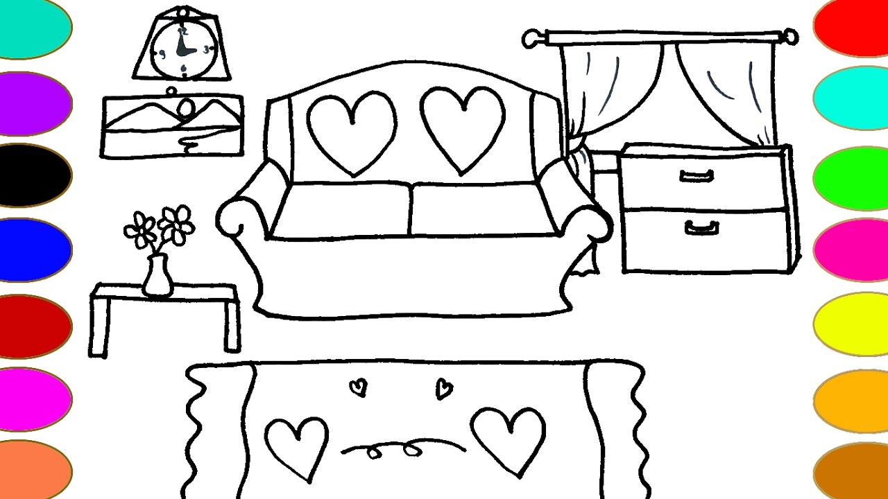 1280x720 Living Room Drawing And Coloring Pages Color With Watercolor - Baby Room Drawing