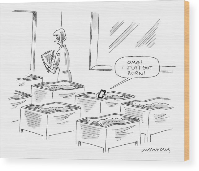 643x552 There Is A Baby In A Hospital Nursery Texting Wood Print - Baby Room Drawing