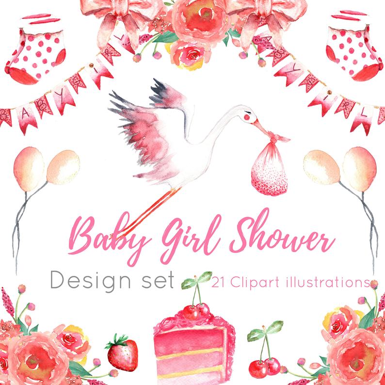 794x794 pink watercolor baby shower clipart stork clipart oh baby etsy - Baby Shower Drawings