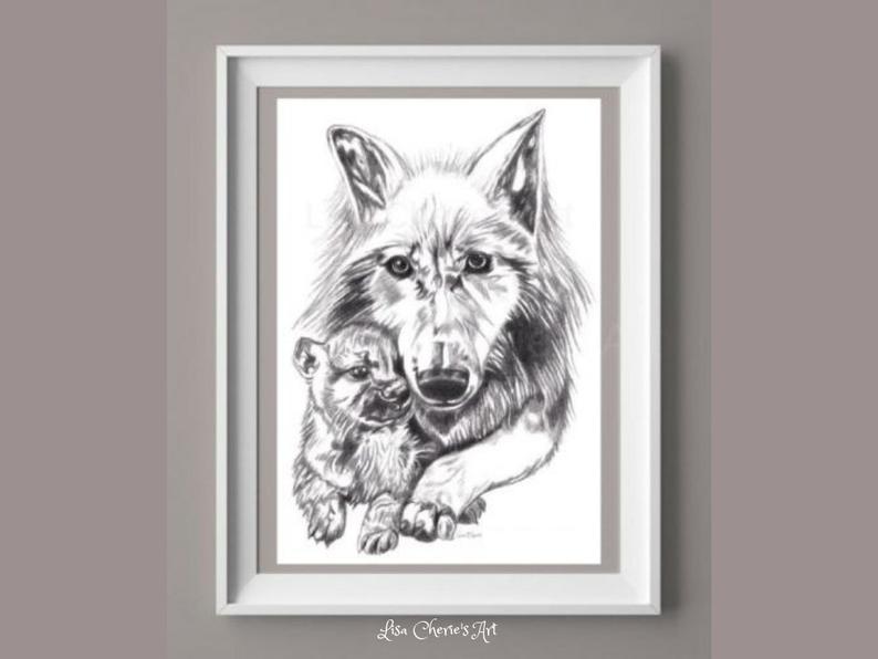 794x596 Wolf Mother And Baby Original Drawing Nursery Art Etsy - Baby Wolf Drawing