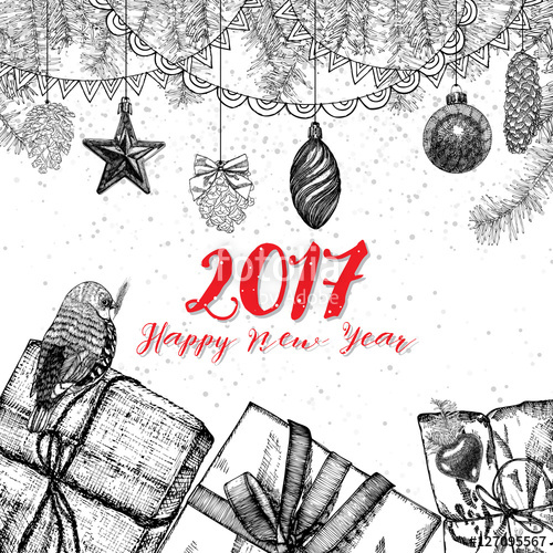 500x500 Happy New Year Hand Drawing Greeting Card Design - Background Design Drawing