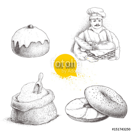 500x500 hand drawn set bakery illustrations baker with basket of fresh - Bagel Drawing