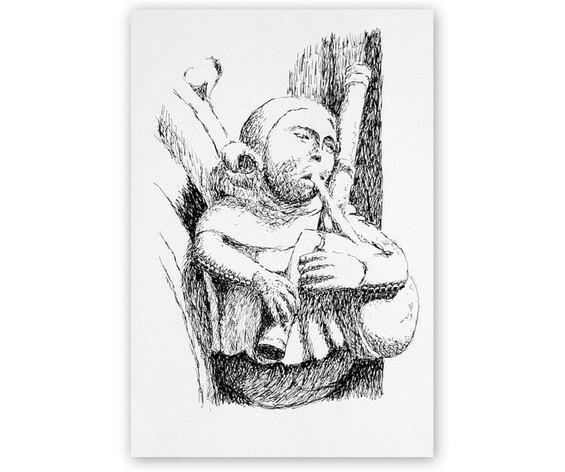 794x663 minstrel bagpipes player medieval stone carving ink etsy - Bagpipes Drawing