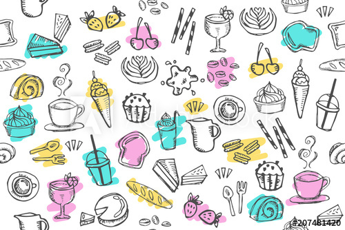 500x334 Doodle Food Cafe Bakery Drawing Pattern Seamless On White - Bakery Drawing