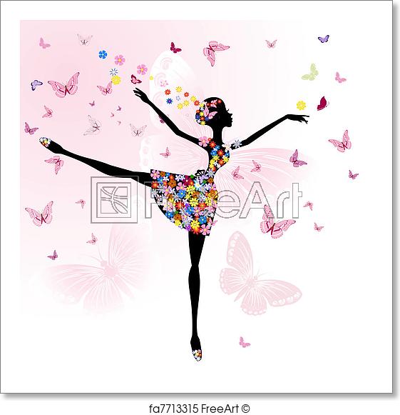 561x581 Free Art Print Of Ballerina Girl With Flowers With Butterflies - Ballet Girl Drawing
