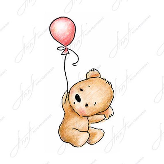 570x570 The Drawing Of Cute Teddy Bear With Pink Balloon Printable Etsy - Balloon Drawing