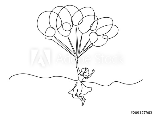 500x375 Continuous Line Drawing Beautiful Young Woman Holding Balloons - Balloon Line Drawing