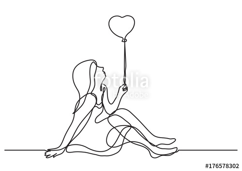 500x354 Continuous Line Drawing Of Girl With Heart Balloon Stock Image - Balloon Line Drawing